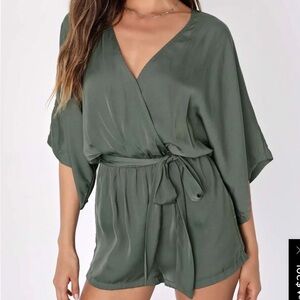 Ain't It Grand Olive Green Satin Surplice Romper